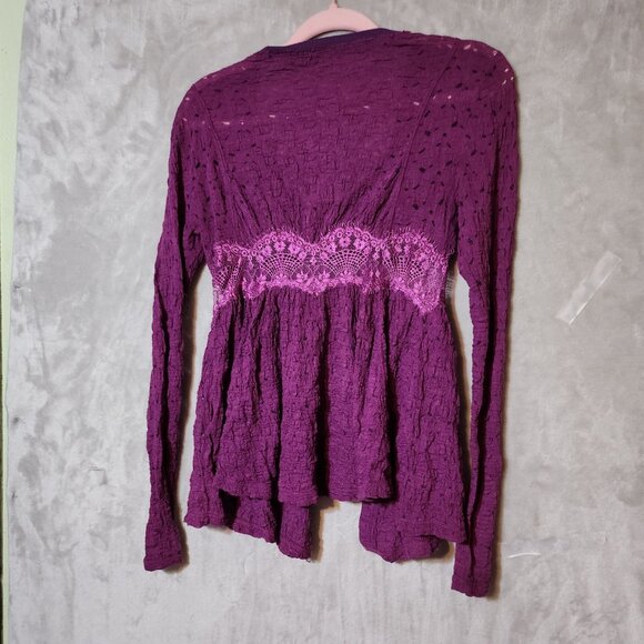 Free People Cottage Core Boho Long Sleeve Purple Lace‎ Snap-Up Cardigan Size XS - Picture 3 of 7